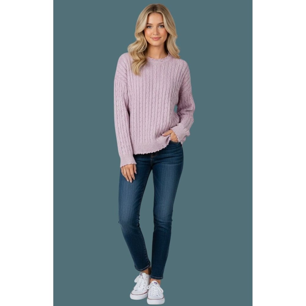 Easel Cable Knit Distressed Pink Sweater - 100% Cotton - Women Size S